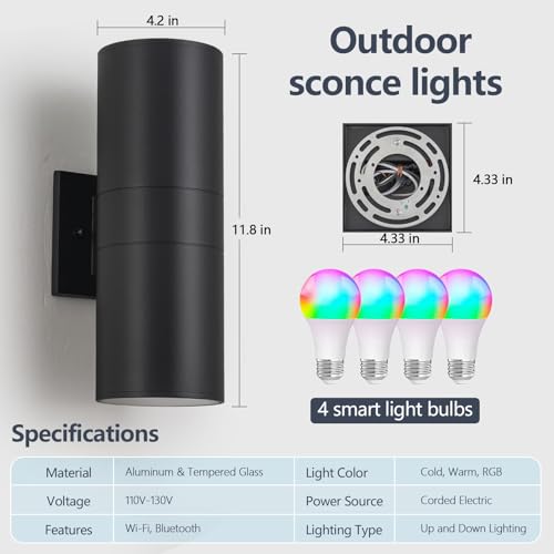 Nigaut Smart Outdoor Wall Lights, 30W Exterior/Interior Lighting Fixture Compatible with Alexa, IP65 Waterproof Up and Down Lights Outdoor for Porch Garden, 2.4 GHz Wi-Fi & App Control
