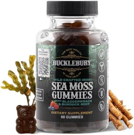 BUCKLEBURY Wild Crafted Irish Sea Moss Gummies with Bladderwark & Burdock Root – Natural Chewable Multivitamin Vegan Sea Moss Gummies for Immune, Thyroid & Digestive Support – 60 Count