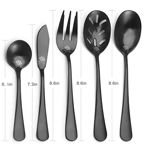 Matte Black Serving Set, sharecook 5-Piece 18/0 Stainless Steel Large Hostess Set with Round Edge, Satin Finished, Dishwasher Safe -Spoons, Forks,Butter Knife& Slotted Spoon - Thumbnail 3