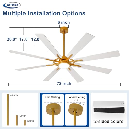 Image of Depuley 72-Inch Ceiling Fan with Light: Modern 8-Blade Brass and White Indoor Outdoor Fans with Remote App Control Dimmable Light - Ultra Quiet DC Motor Reversible 6 Speed Timer