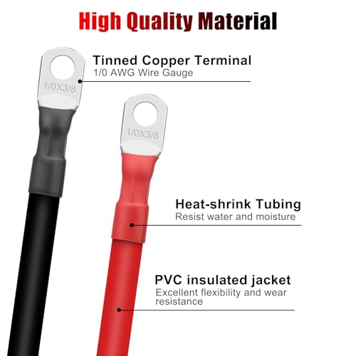 Linkstyle 4pcs 1/0 AWG Battery Cables, 30CM/12inch Copper Battery Inverter Cables Set, with 3/8" Tinned Copper Lugs, for Automotive Marine Solar ATV RV by Linkstyle - Image 4
