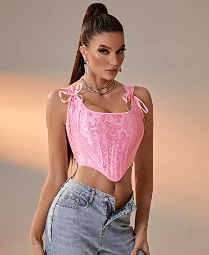 Image of Dreay Womens Vintage Asymmetrical Hem Overbust Corset Tie Front Lace-up Back Bustier Shapewear Top