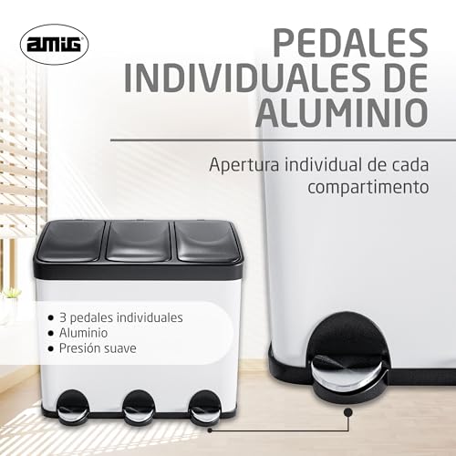 Miniatura 4 de Amig - Cubo De Basura Triple Con Pedales 45 Litros - 3 Compartimentos Extraíbles De 15 Litros - Cubo De Reciclaje Para Cocina - Acero - 60 X 37 X 49 Cm - Blanco