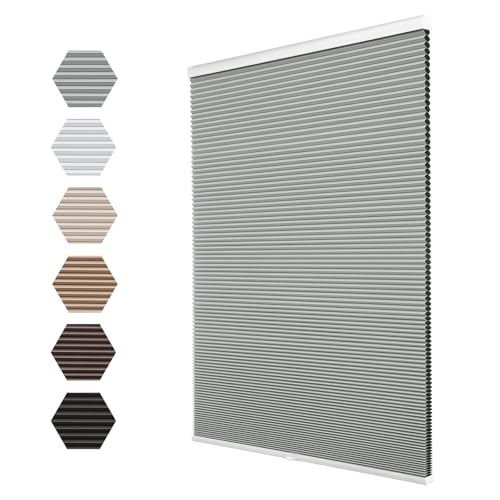 Blackout Cordless Cellular Shades for Windows,Honeycomb Blinds with Thermal Insulation,UV Protection,Child Safe,Privacy Light Control,Easy to Install,27" W x 64" H,Grey.