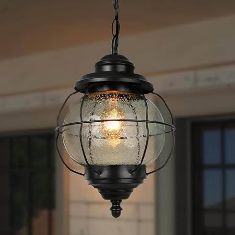 Optimant Lighting Black Outdoor Pendant Light, Modern Farmhouse Outdoor Pendant Lights for Porch with Adjustable Chain, 10'' Waterproof Exterior Pendant Hanging Lighting with Onion Seeded Glass Globe Cover