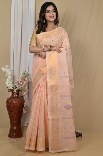 Image of eC ESHA'S COLLECTION Women's Kerala Cotton Floral Motif Printed Zari Bordered Tant Saree Without Blouse Piece