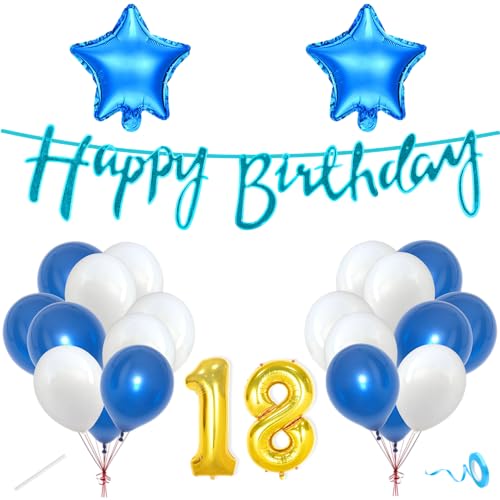 Image of Flyloons 18th Happy Birthday Decoration Kit Blue White for Boys Girls Kids Twins Men Women With 20 Pcs Metallic Balloons Birthday Banner 2 Pcs Star Items Set