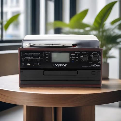 LoopTone 10 in 1 Bluetooth in/Out Record Player 3 Speed Vinyl Vintage Turntable CD Player Cassette AM/FM Radio 2 Built in Speaker USB/SD Recorder Aux-in RCA Line-Out