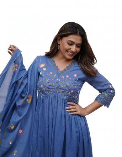 Image of Traditional Floral Embroidered Cotton Kurta Set with Dupatta