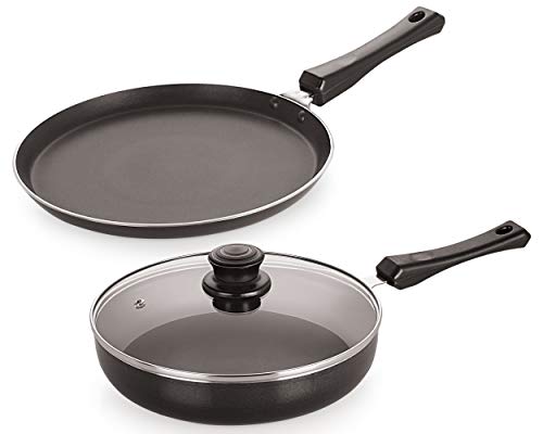 Image of NIRLON Aluminium 3 Layer Nonstick Heat Resistant Induction Flat Tawa 28 cm and Fry Pan 22 cm with Glass Lid, Set of 2, Black Color