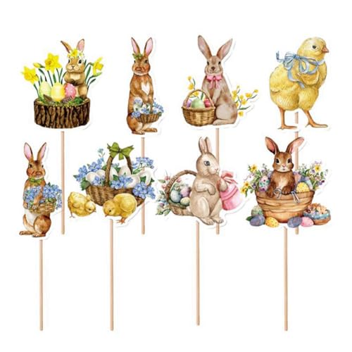 Pqahffowr - Juego de 8 adornos para tartas en forma de pollito, conejo y huevo para Pascua, cumpleaños, fiesta de nacimiento. Fácil de usar y duradero.