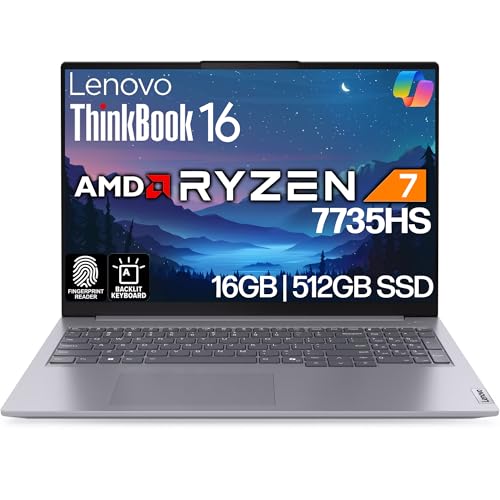 Image of Lenovo ThinkBook 16 G7 Business Laptop, 16 inch FHD+, AMD Ryzen 7 7735HS, 16GB DDR5, 512GB NVMe, WiFi 6E + BT, Backlit KB, Fingerprint Reader, HD Webcam, Win 11 Pro