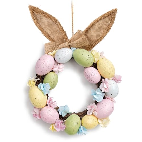 COM-FOUR® Osterkranz mit Ostereiern und Langen Hasenohren, dekorativer Türkranz mit Aufhänger, als Wandkranz nutzbar
