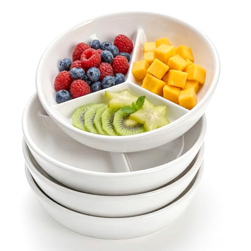 Okllen 4 Pack Ceramic Portion Control Plates with 3 Compartments 6 Inch Divided Bariatric Plates for Adults Perfect for Weight Loss & Healthy Meal Prep Microwave & Dishwasher Safe White