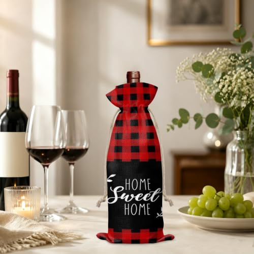 Home Sweet Buffalo Plaid Wine Bottle Bags 1Pcs, Farmhouse Black Red Checker Wine Bottle Cover with Drawstring Reusable Champagne Gift Bag for Party Wedding Holiday Birthdays Baby Shower Decor