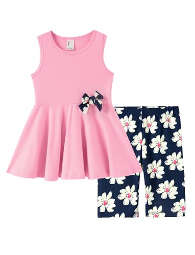 Image of PATPAT Girls Summer 2 Piece Outfits 4-12Y Butterfly Bow Sleeveless Tunic Tops and Floral Print Shorts Cute Clothes