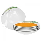 Weißes Qualitätsporzellan Van Well 6er Set Essteller tief Donna 21,5cm - Suppenteller aus weißem Porzellan mit Linien- Dekor in schwarz, grau und grün