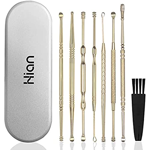 8 Pcs Ear Wax Removal Kit,Professional Double-Headed Ear Pick Earwax Removal Tools,316L Stainless Steel Ear Cleaner Curette with Cleaning Brush and Storage Box,Suit for Kid Adult(Gold)