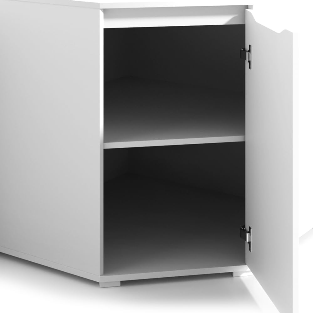 Vicco Ruben corner chest of drawers with one door open, revealing an internal shelf for storage.