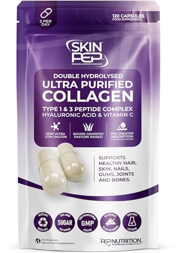Collagen Peptide 120 Capsules 1000mg, with Hyaluronic Acid (Not Collagen Powder) - 1 Month Supply - Premium Halal Double Hydrolysed Type 1&3 Collagen Supplements for Women & Men - by SkinPep