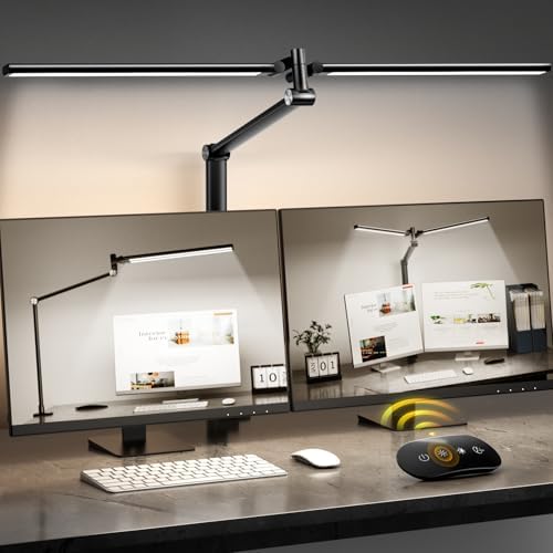 LED Desk Lamp for Home Office, Eye Caring Architect Desk Light with Remote, Dual Screen Computer Monitor Light with Stepless Dimming, Stepless Color Temp, Memory Function for Study, Workbench Black