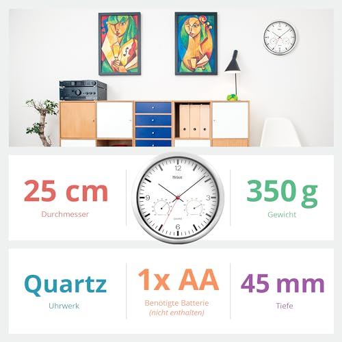 Mebus Quartz Wall Clock with Thermometer and Hygrometer Silver Frame White Dial 25 cm Diameter Round Model: 56730 Colour: Silver, White - Image 4
