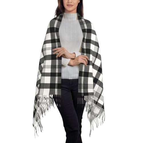 Black And White Plaid Print Tassel Scarf - Stylish And Cozy Accessory For Spring, Autumn, And Winter, 78" * 28"2