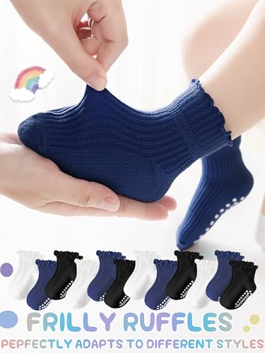 Image of Baby Toddler Girls Socks Grip Ruffle Non Slip Kids Cotton 12 Pack Socks