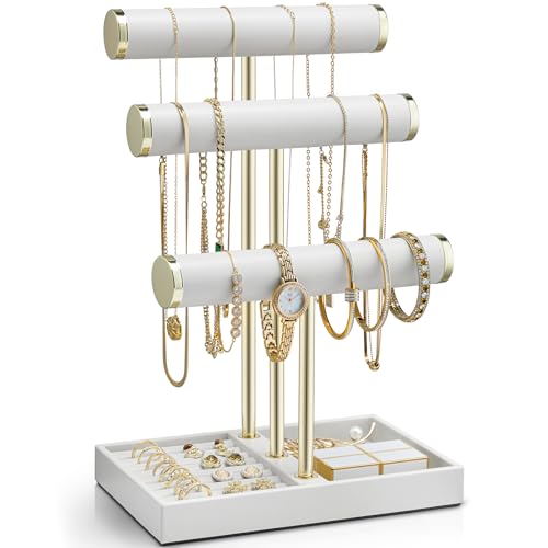 Vlando-3-Tier-Bracelet-Holder-Organizer-with-Tray-Leather-Jewelry-Stand-Organizer-for-Women-Jewelry-Holder-Display-for-Necklace-Watches-Rings-Earrings-Bangle-Scrunchie-White Vlando 3 Tier Bracelet Holder Organizer with Tray - Leather Jewelry Stand Organizer for Women - Jewelry Holder Display for Necklace, Watches, Rings, Earrings, Bangle, Scrunchie - White - Image 1