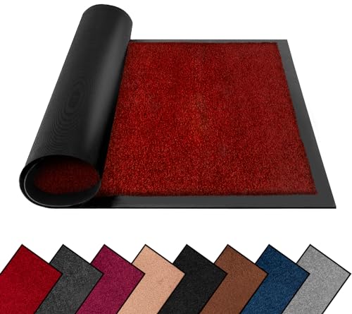 Washable Dirt Trapper Door Mats Indoor & Outdoor, Heavy Duty Non Slip Doormats, Rubber Backed Floor Mat, Super Absorbent Front Door Mat, Entrance Rug (Red-Plain, 60cm x 120cm)