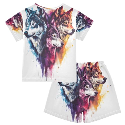 ALAZA Wolf Watercolor Stylish Pajamas Set Short Sleeve Cotton Sleepwear Summer Pjs 2 Piece 5-14Y2