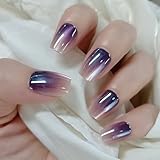 30Pcs Square Press on Nails Chrome Fake Nails Purple Ombre False Nails Glossy Shiny Glue on Nail Press ons Medium Gradient Acrylic Nails for Women Nail Decoration 24Pcs