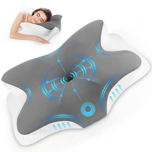 YARVPUV Almohada Cervical Ergonómica de Espuma Viscoelástica Almohada Ortopédica Mariposa para Dolor de Cuello y Antironquidos, 63x42x9/13.9cm Altura Ajustable para Dormir de Lado