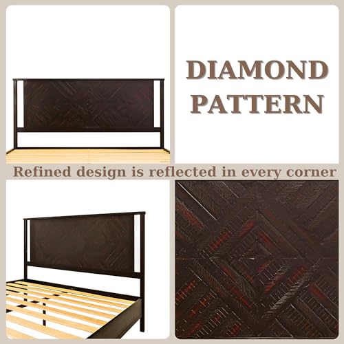 Image of Bme Ethan King Size Bed Frame with Diamond Headboard, Rustic Mid-Century Modern, Solid Acacia Wood, No Box Spring Needed, Slat Support, Rustic Black