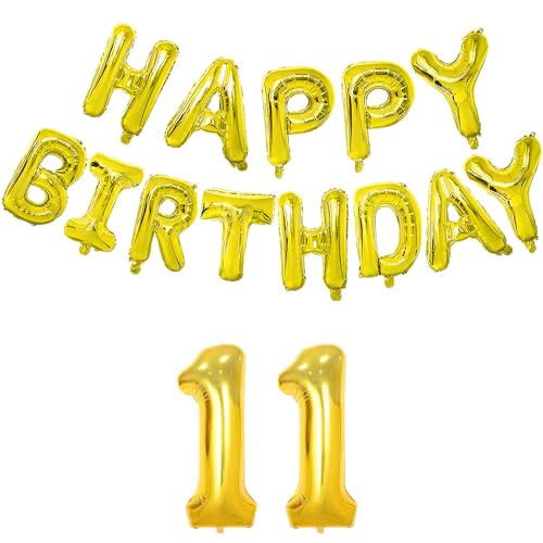 Image of Flyloons 11th Golden Colour Happy Birthday Foil Balloon Banner Set for 11 Year Old Boys Girls Teenage| Number Eleven|13 Letters Reusable Happy Birthday Metallic Foil Balloons Decoration Kit, 15 Pcs