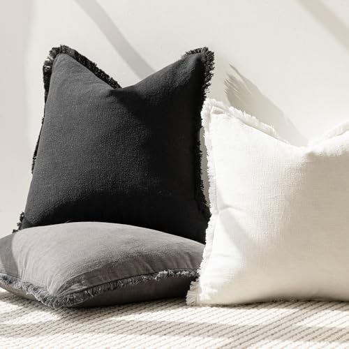 Image of Foindtower Decorative Linen Fringe Throw Pillow Covers Cozy Boho Farmhouse Cushion Cover with Tassels Soft Accent Pillowcase for Chair Sofa Bed Living Room Home Decor, 18x18 Inch, 1PC, Black