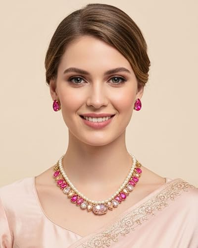 Image of Mansiyaorange Statement AD CZ American Diamond Cubic Zerconia Pearl Necklace Set | Gold Plated Chunky Fashion Jewelry for Women & Girls