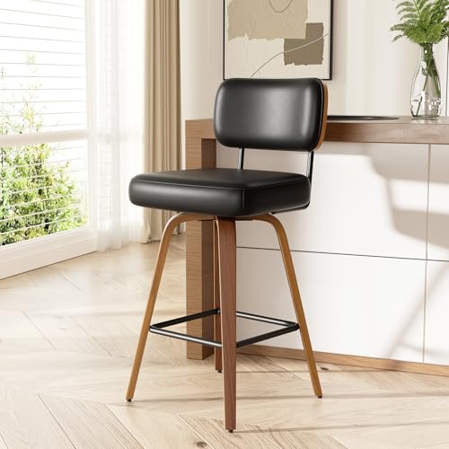Image of Swivel Bar Stools Set of 1, 26 inch Upholstered Faux Leather Counter Height Barstools with Walnut Back & Bentwood Legs, Mid Century Modern Bar Chairs Island Stools for Kitchen Counter, Black