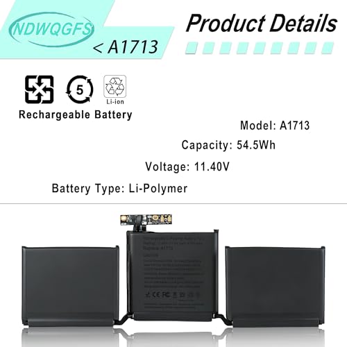 Image of A1713 A1708 Battery for MacBook Pro 13 Inch A2171 (2016-2017) & A2159 A2289 A2338 (2019-2020) 11.4V 54.5Wh Li-Polymer Replacement Compatible with EMC 2978 3164 3301 3456 3578