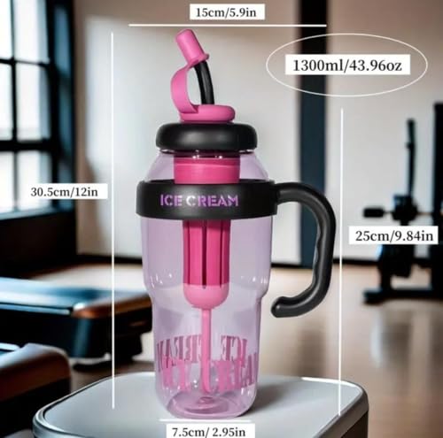 Image of 1300ml Large Capacity Insulated Transparent Tumbler Bottle with Straw & Handle, Leakproof Detox, Green Tea, Milkshake, Beverages, Juice & Cold Drinks | Gym, Travel, Office & Fitness (PINK)