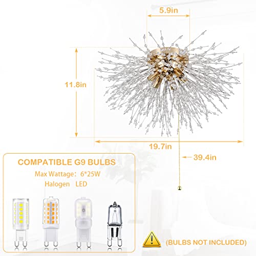 Hmvpl Crystal Flush Mount Ceiling Light, Bedroom Light For Ceiling With Pull Chain On/Off Switch, Modern Gold Firework Light Fixture Chandelier, Led Close To Ceiling Lamp For Kitchen Hallway Entryway #TOP2