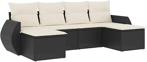 Miniatura 3 de 6-Piece Garden Sofa Set in Black and Cream White, Modern Outdoor Furniture with PE Rattan and Removable Cushions, Water-Resistant Patio Seating for