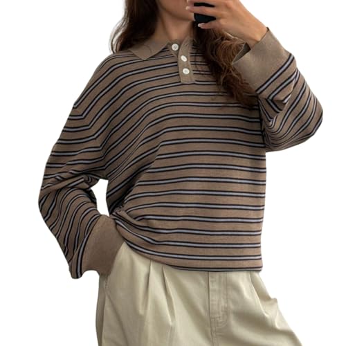 Oversized Striped Sweater for Women Collared Long Sleeve Preppy Polo Sweater Vintage Aesthetic Knitted Rugby Shirts