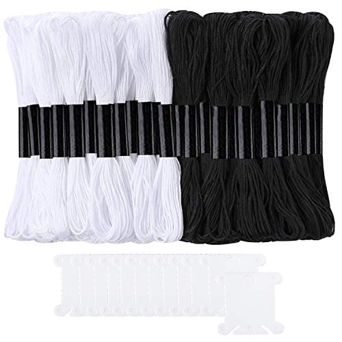 Peirich 24 Black White Embroidery FOSS Friendship Bracelets Floss for Knitting, Embroidery Stitching and Cross Stitch Project with 12 Pieces Floss Bobbins
