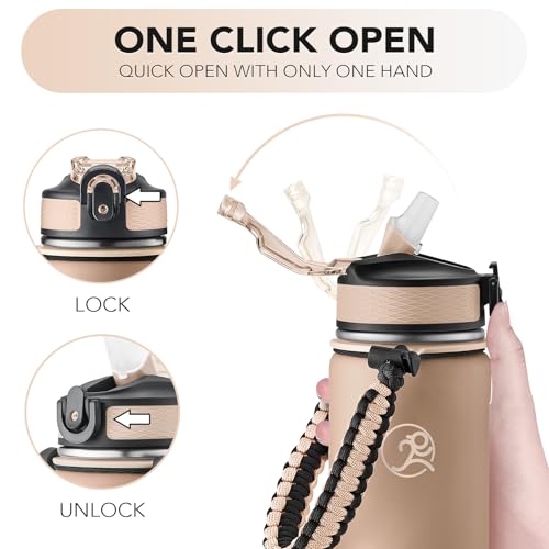 Image of GOSWAG 24oz Insulated Stainless Steel Travel Water Bottle, 2 Lids | with straw and no straw, Paracord handle, Double-wall vacuum keeps drinks cold or hot, Leakproof tumbler