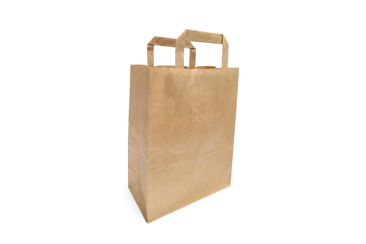 Verdturee - Bolsas de papel Kraft con asas planas - Blanco & Marrón - 50, 250, 500 Bolsas - Resistentes, Reciclables - Para Tiendas, Regalos, Bodas, Embalaje (marrón, 22x10x29 cm - 250 Piezas)