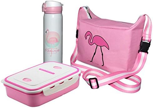 Lunch Bag 3 in 1 Set with Lunch Box Thermal Flask BPA-Free Leakproof Microwave Freezer Dishwasher Safe Right Made for Kids Boys Girls Adults,Cute Pink Flamingo