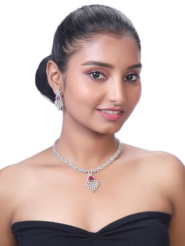 Image of ASMITTA Jewellery Rhodium Plated Silver American Diamond Studded Necklace with Purple Earrings Jewellery Set for Women & Girls
