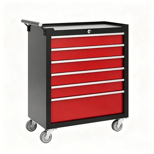 Garvee Rolling Tool Chest, 6 Drawers Tool Storage Cabinet, Toolbox with Wheels, Portable Tool Cabinet Organizer with Locking System & Drawer Liners, Tool Storage Cart for Garage, Workshop, Black&Red by Garvee - Used condition - US$135.08