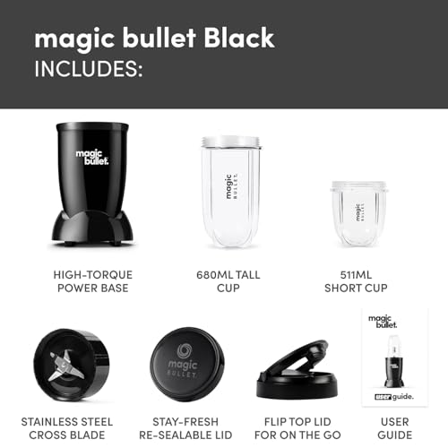 magic bullet Blender 7pc Set in Black - Powerful 10,000 RPM - Sleek, Compact & Portable - Great for Smoothies, Juices, Protein Shakes, Milkshakes, Soups, Salad Dressings, Salsa & Food Prep